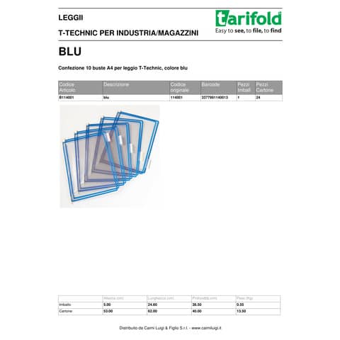 Buste per leggio Tarifold® T-Technic A4 blu - PVC bordo rinforzato Conf. 10 pezzi - B114001